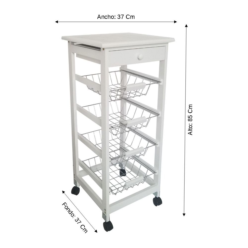 Verdulero Frutero de Cocina 4 Cestas y Cajón 37x37x85 Blanco