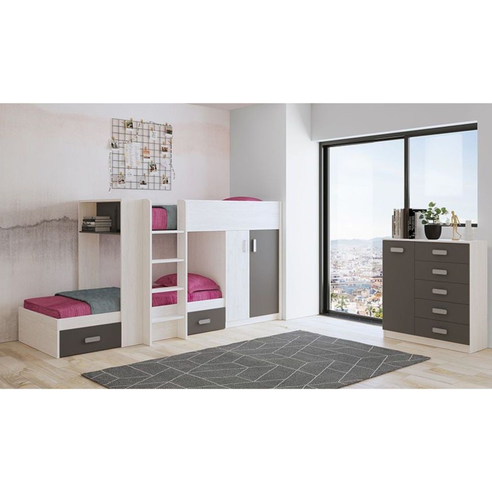 Litera - Cama Tren en Blanco Veteado y Grafito - 99.6 cm x 278.5 cm x 150.6 cm