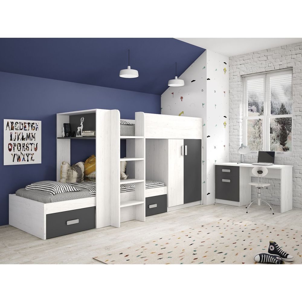 Litera - Cama Tren en Blanco Veteado y Grafito - 99.6 cm x 278.5 cm x 150.6 cm