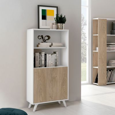 Mueble Bar para Salón, Aparador de Cocina, Color Blanco-Roble, Medidas: 60 cm (An) x 135 cm (Al) x 40 cm (Fon) – Meyvaser