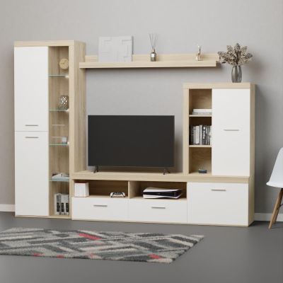 Mueble de Salón Moderno con Leds, Acabado en Cambria - Blanco, Medidas: 260 cm (An) x 191 cm (Al) 47,5 cm (Fo) Meyvaser