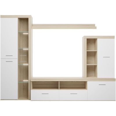 Mueble de Salón Moderno con Leds, Acabado en Cambria - Blanco, Medidas: 260 cm (An) x 191 cm (Al) 47,5 cm (Fo) Meyvaser