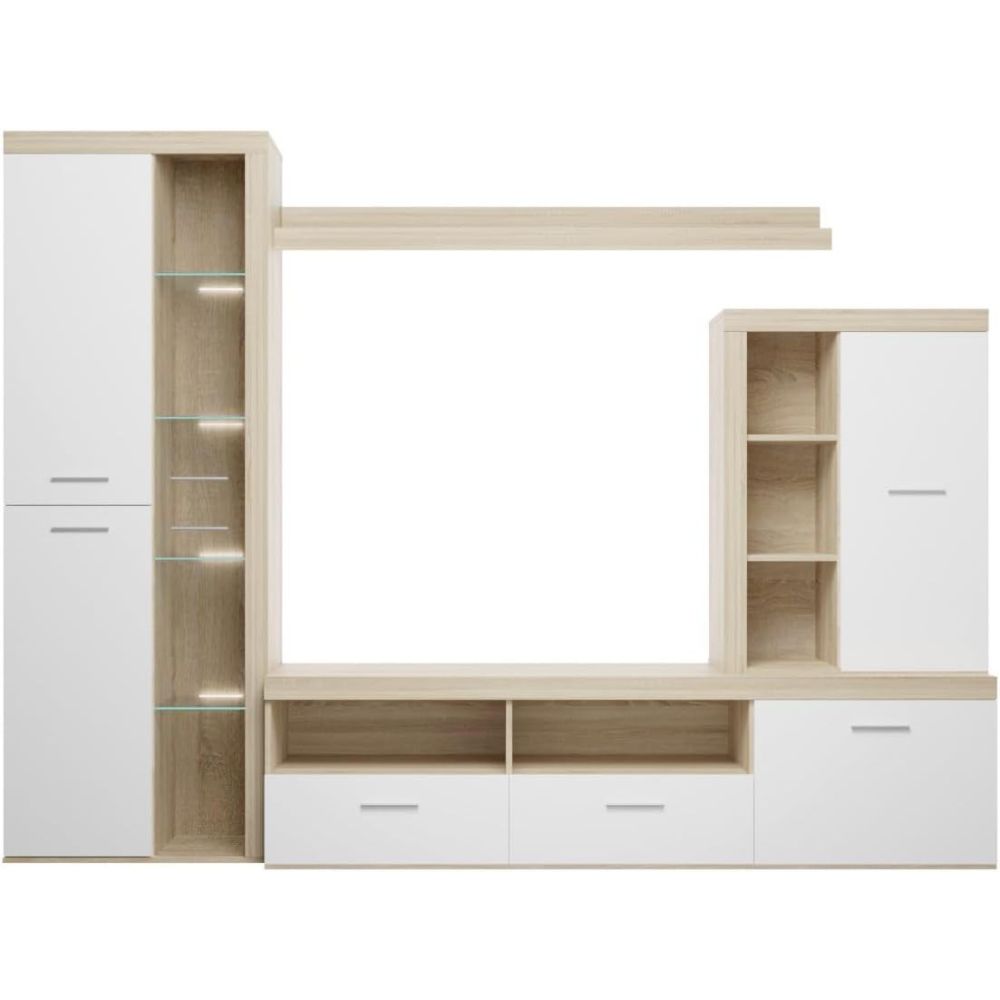 Mueble de Salón Moderno con Leds, Acabado en Cambria - Blanco, Medidas: 260 cm (An) x 191 cm (Al) 47,5 cm (Fo) Meyvaser