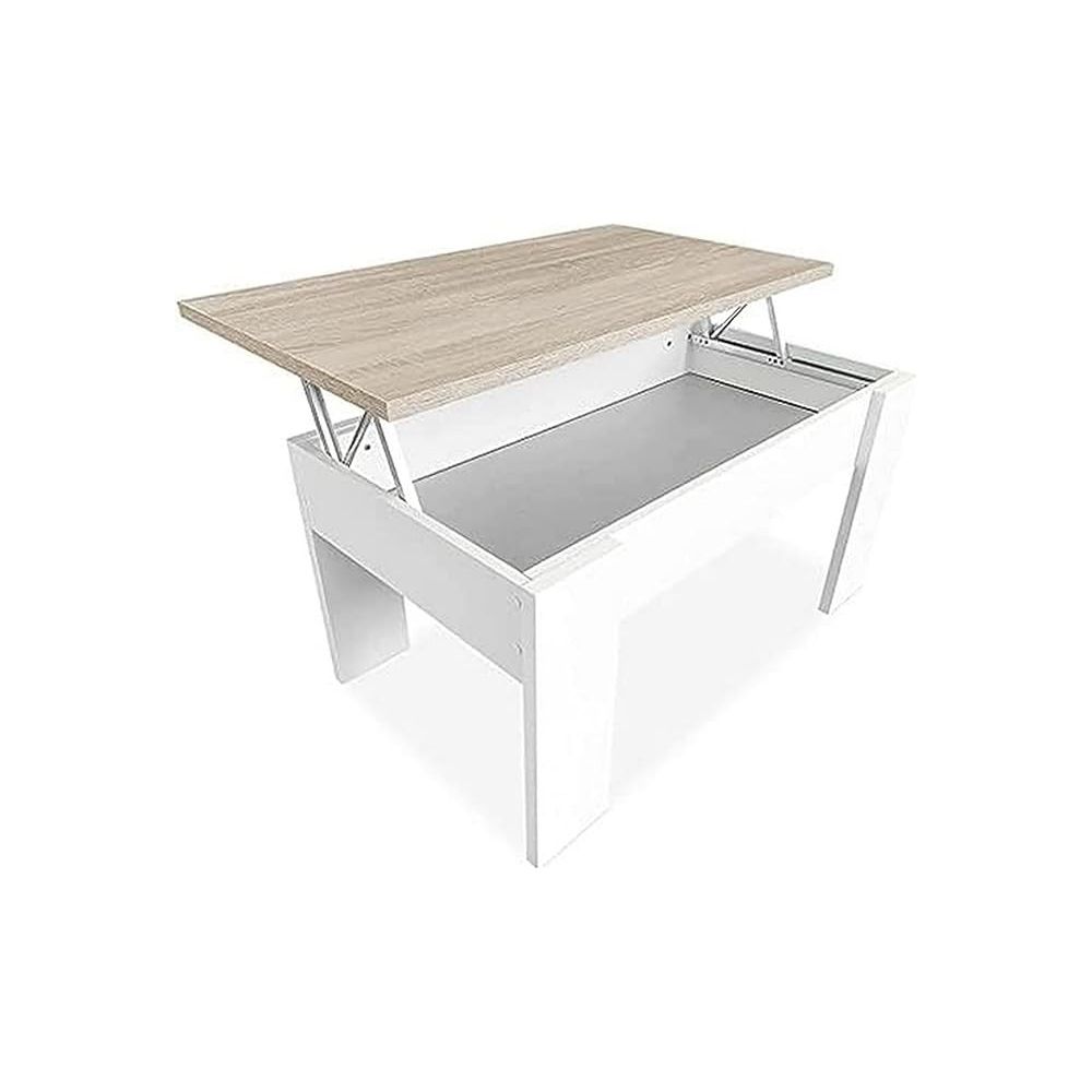 Mesa de Centro Elevable, Acabado en Color Blanco con Tapa Cambria, Medidas: 90 cm (Ancho) x 50 cm (Fondo) x 46-57 cm (Alto)
