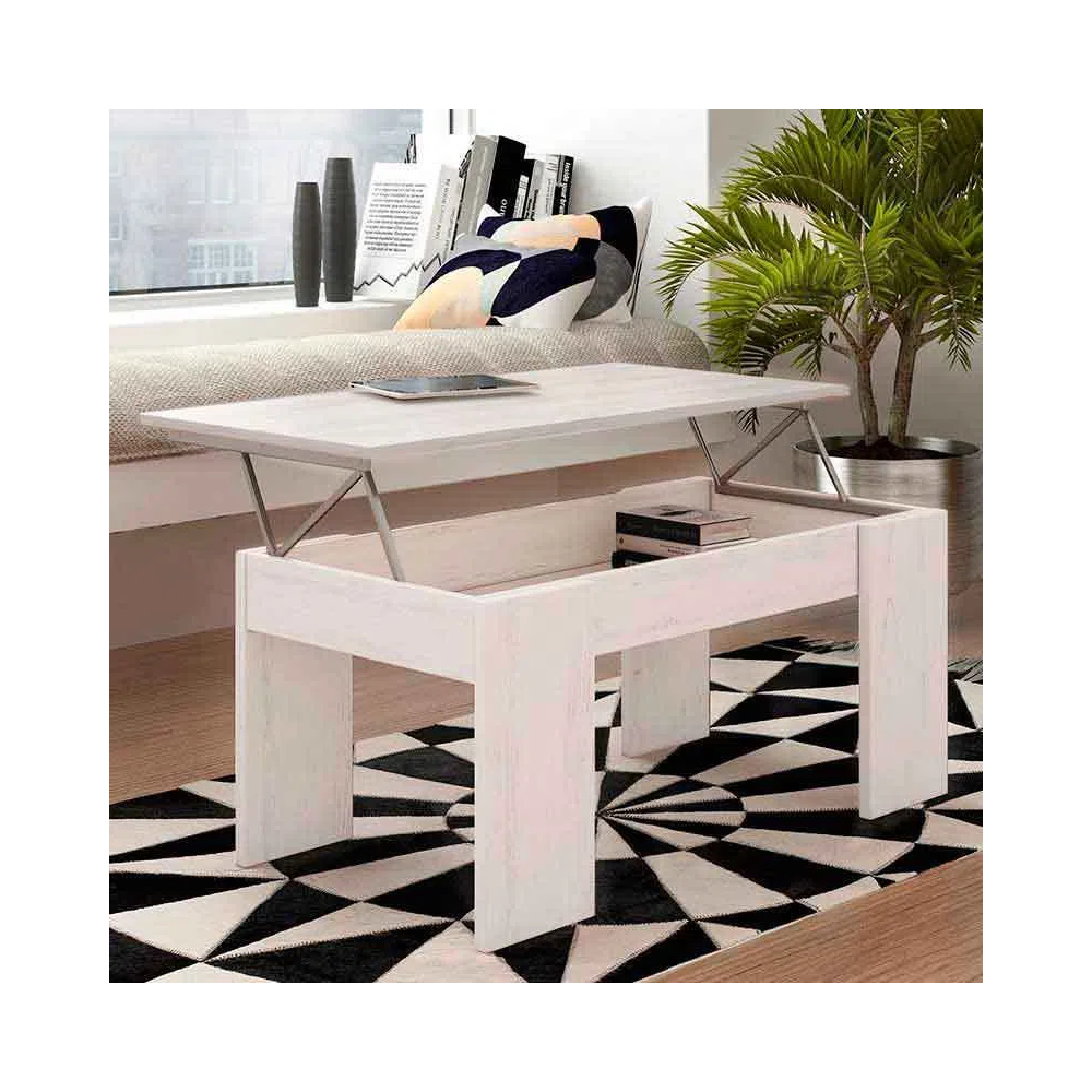 Mesa de Centro Elevable, Mesita de Salón, Acabado en Color Gris Polar, Medidas: 90 cm (An) x 50 cm (Fo) x 46-57 cm (Al)