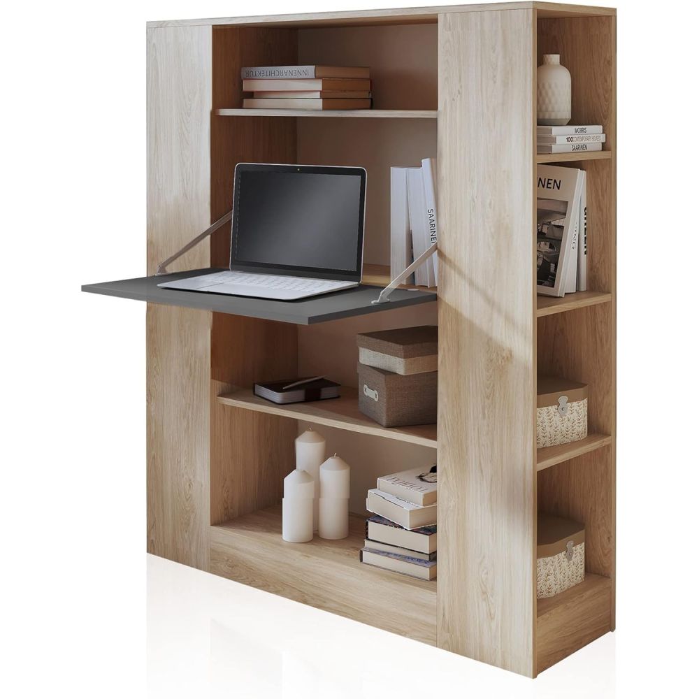Estantería con Escritorio, Mesa de Ordenador, Acabado en Cambrian y Grafito, Medidas: 119,6 cm (Largo) x 139,6 cm (Alto) x 34