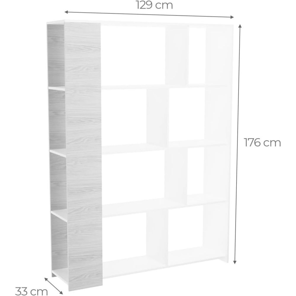 Estantería Decorativa, Librería, Acabado en Roble y Blanco, Medidas: 176 cm (Al) x 129 cm (Anc) x 28 cm (Fon)