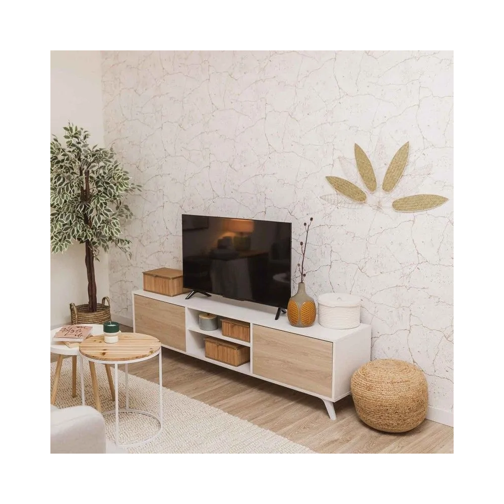 Mueble de TV de Diseño Nórdico, 2 Estantes y 2 Puertas, Cambria - Blanco, 49cm (Al)x 180cm (Anc) x 40cm (Fon)