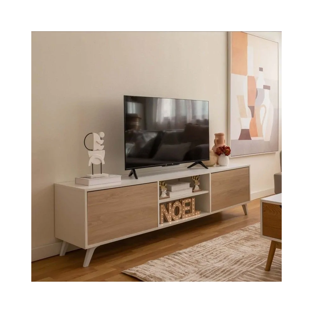Mueble de TV de Diseño Nórdico, 2 Estantes y 2 Puertas, Cambria - Blanco, 49cm (Al)x 180cm (Anc) x 40cm (Fon)