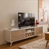 Mueble de TV de Diseño Nórdico, 2 Estantes y 2 Puertas, Cambria - Blanco, 49cm (Al)x 180cm (Anc) x 40cm (Fon)