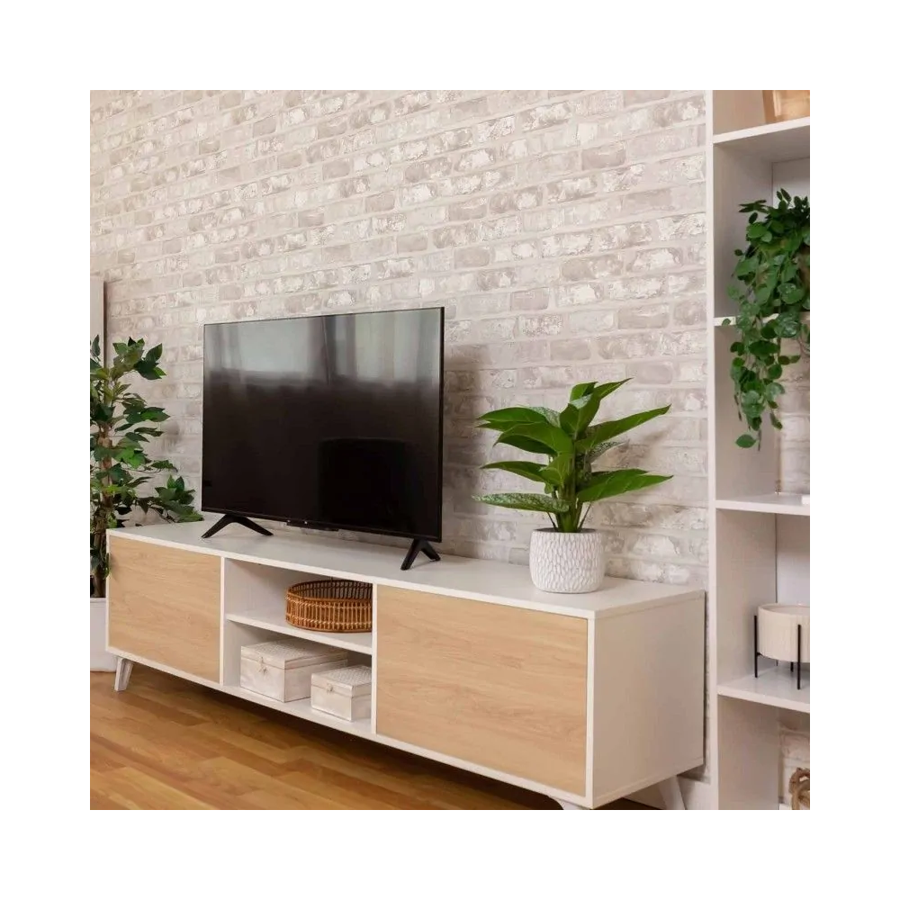 Mueble de TV de Diseño Nórdico, 2 Estantes y 2 Puertas, Cambria - Blanco, 49cm (Al)x 180cm (Anc) x 40cm (Fon)