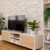 Mueble de TV de Diseño Nórdico, 2 Estantes y 2 Puertas, Cambria - Blanco, 49cm (Al)x 180cm (Anc) x 40cm (Fon)