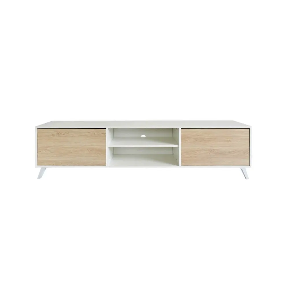 Mueble de TV de Diseño Nórdico, 2 Estantes y 2 Puertas, Cambria - Blanco, 49cm (Al)x 180cm (Anc) x 40cm (Fon)