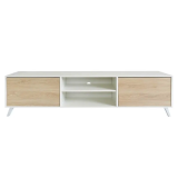 Mueble de TV de Diseño Nórdico, 2 Estantes y 2 Puertas, Cambria - Blanco, 49cm (Al)x 180cm (Anc) x 40cm (Fon)