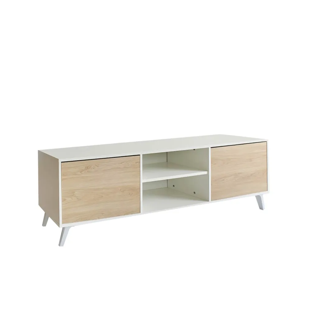 Mueble de TV de Diseño Nórdico, 2 Estantes y 2 Puertas, Cambria - Blanco, 49cm (Al)x 180cm (Anc) x 40cm (Fon)