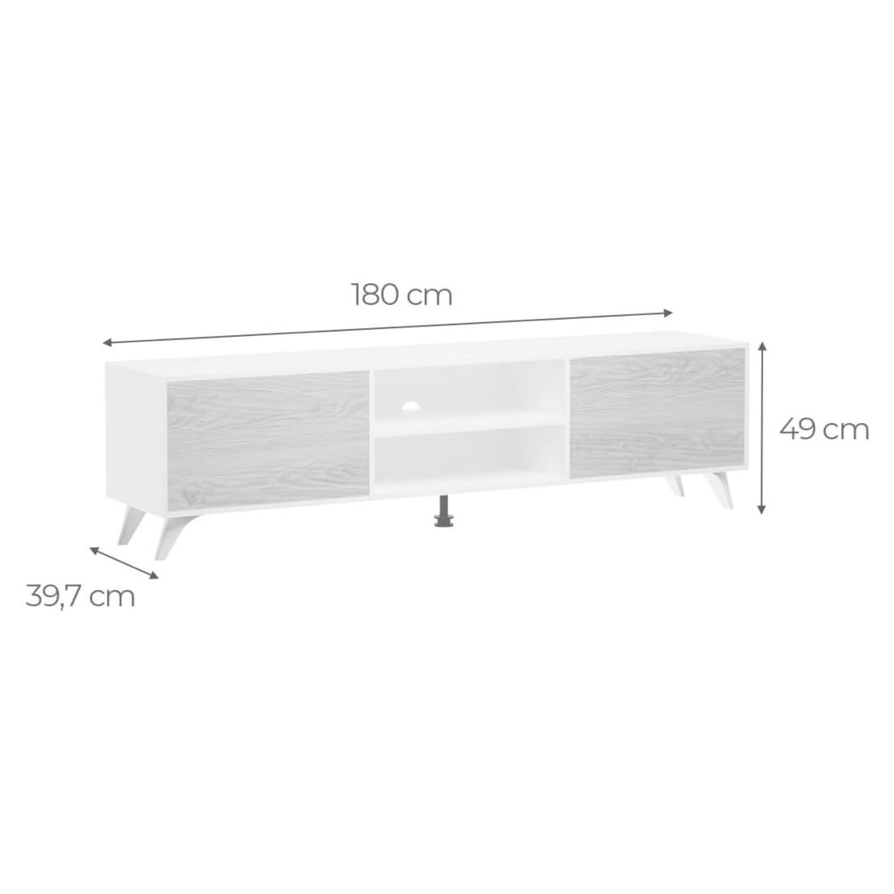 Mueble de TV de Diseño Nórdico, 2 Estantes y 2 Puertas, Cambria - Blanco, 49cm (Al)x 180cm (Anc) x 40cm (Fon)