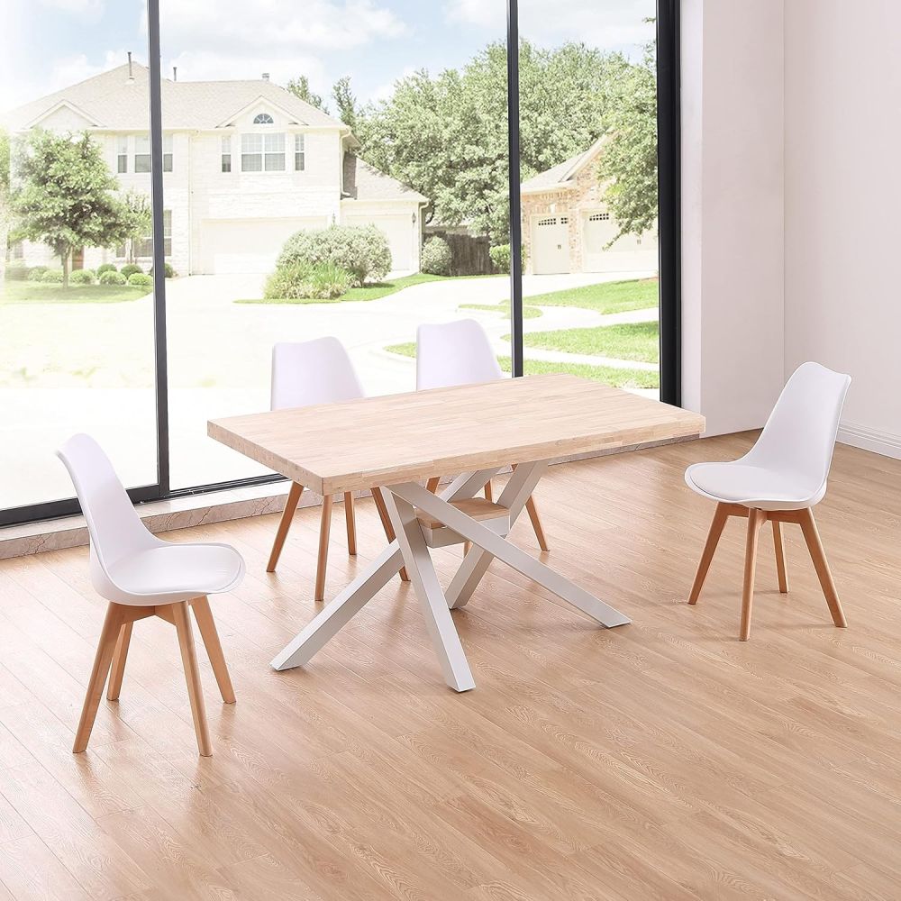 Pack de 4 Sillas para Comedor, Cocina o Salón – Simil Piel Blanca y Madera, Medidas: 48 cm x 45 cm x 84 cm.