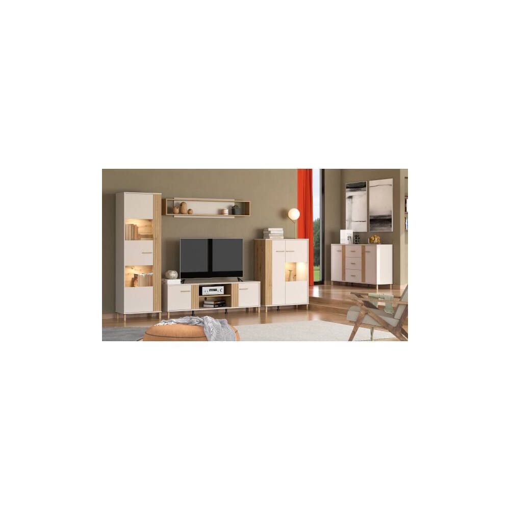 Vitrina Alta en Melamina Color Cashmere y Roble Artisan con 1 Puerta Acristalada - Medidas 59,5x40x192,5 cm