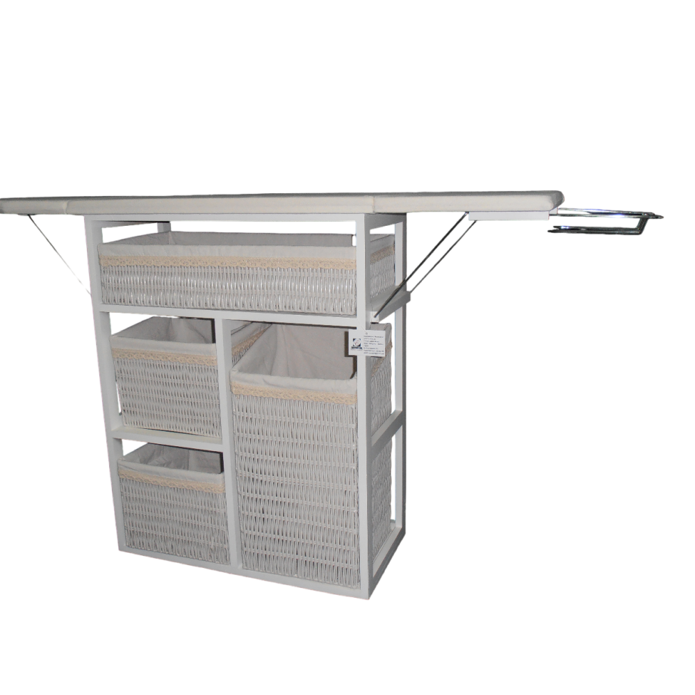Mueble de plancha Lisboa color blanco con 4 cajones de almacenamiento y ruedas