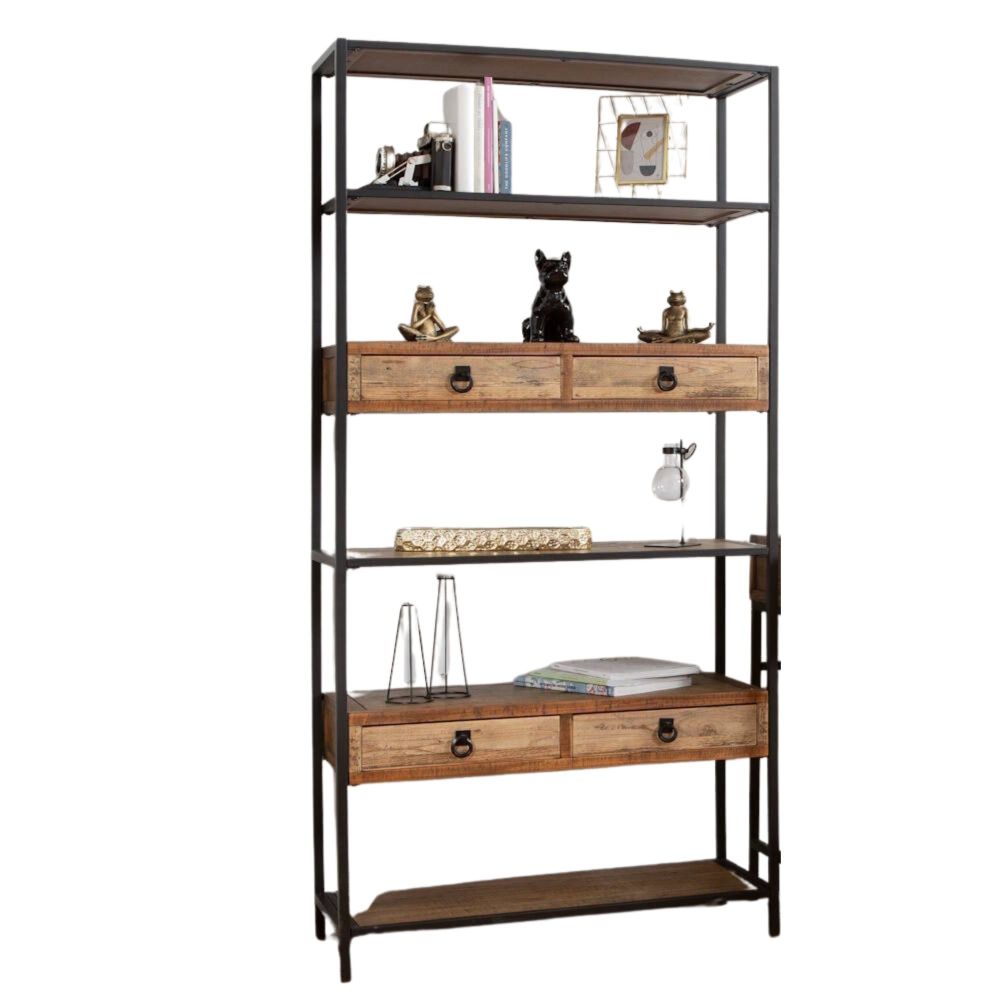 Estantería de Madera de Abeto con 4 Cajones y Estructura Metálica Negra- Medidas 90x36x182 cm