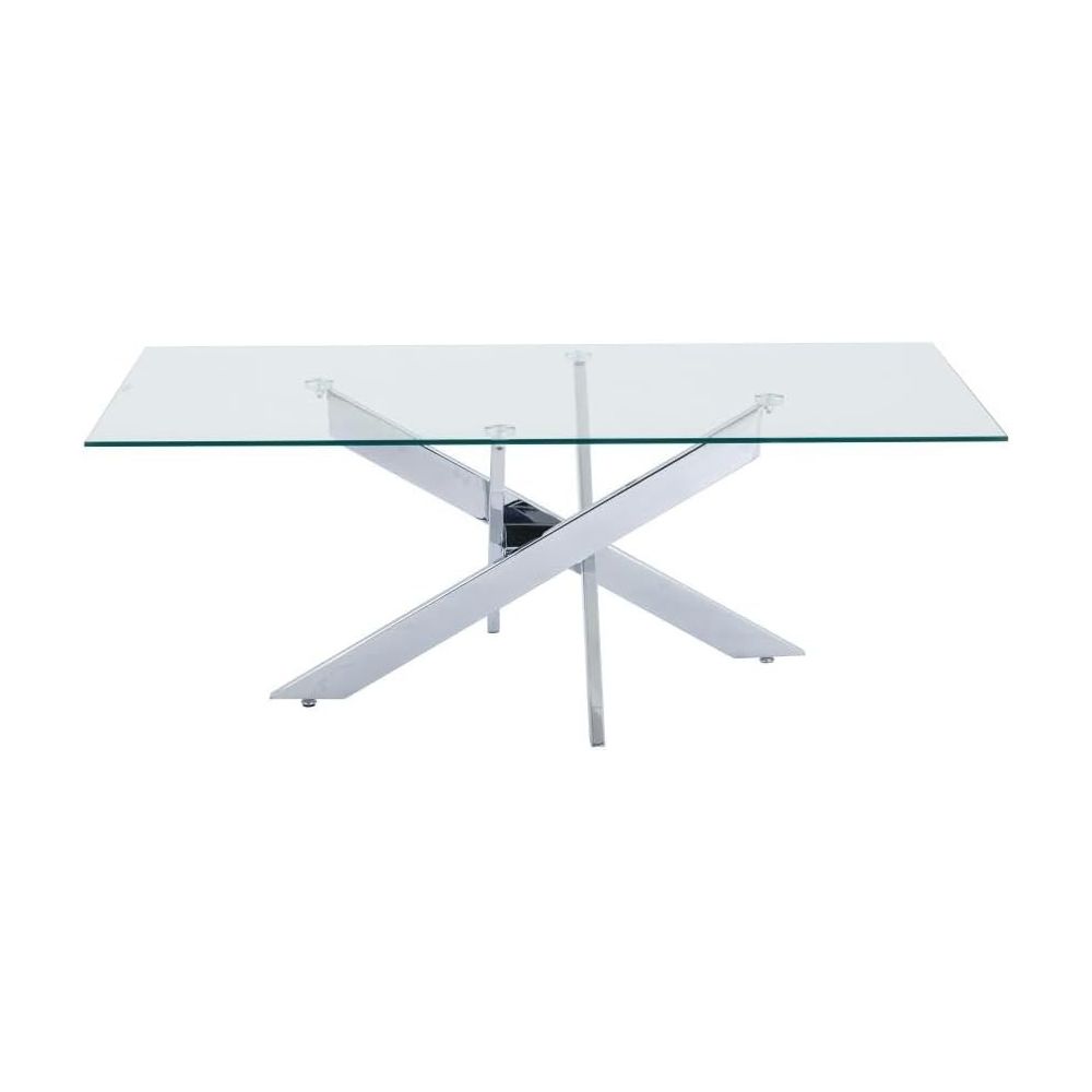 Mesa de Centro con Tapa de Cristal Templado de 8 mm y Patas Metálicas Cruzadas en Acabado Crema -  Medidas 110x55x45 cm