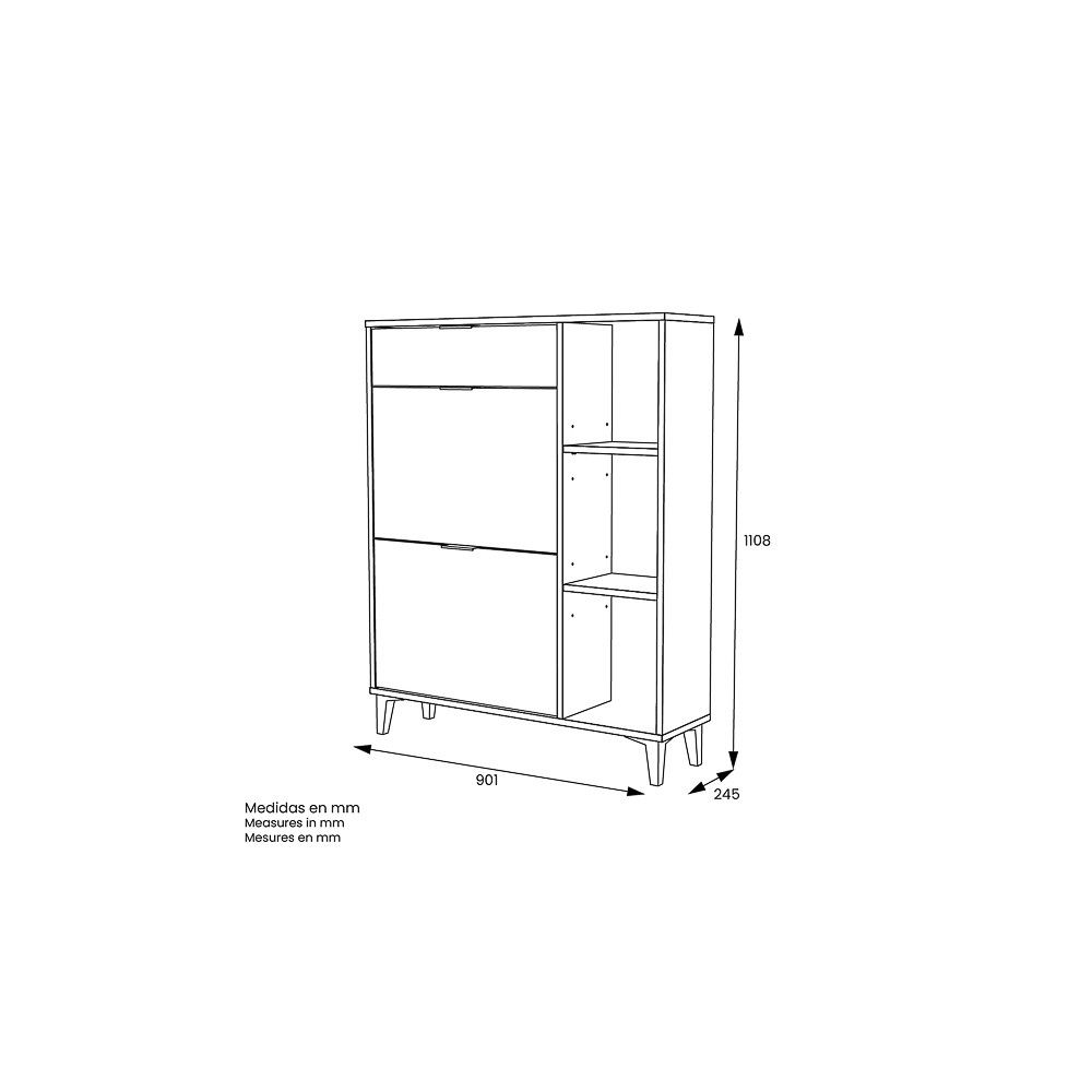 Mueble Zapatero de Entrada – 2 Puertas y 1 Cajón | Color Roble/Pizarra | 110 x 90 x 24,5 cm