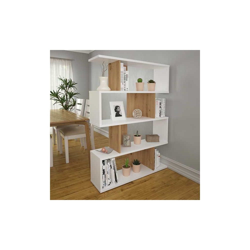 Estantería Salón, Librería, Color Blanco y Roble, Medidas: 152 cm (Alto) x 110 cm (Ancho) x 28,5 cm (Fondo