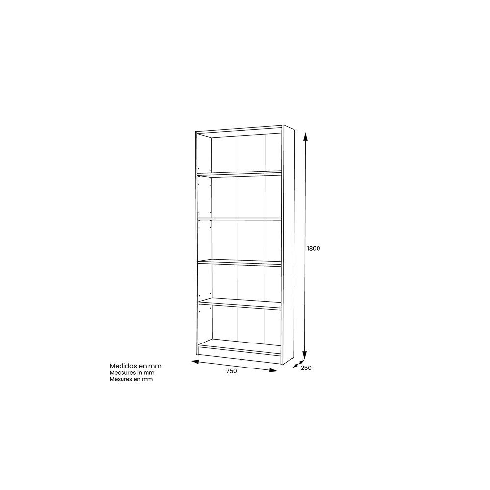 Estantería Alta Salón, Librería, Color Roble, Medidas: 180 cm (Alto) x 75 cm (Ancho) x 25 cm (Fondo)