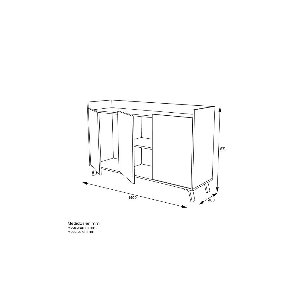 Aparador, Buffet, Salón Comedor 3 Puertas, Armario Auxiliar Color Blanco y Roble, Medidas: 140x87x40 Cm