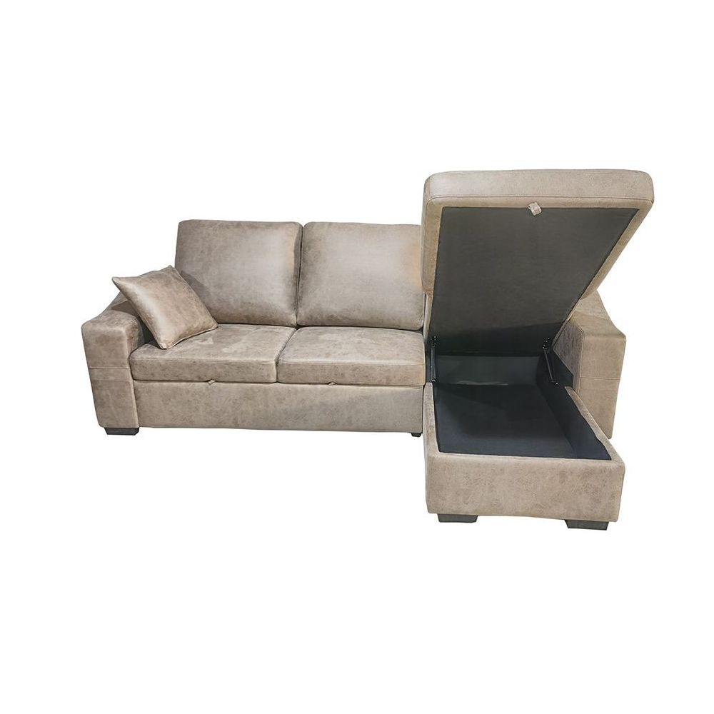 Sofá Cama 3 Plazas Reversible con Chaiselongue y Almacenaje, Tapizado en Tela Cemento, 229x93x153 cm
