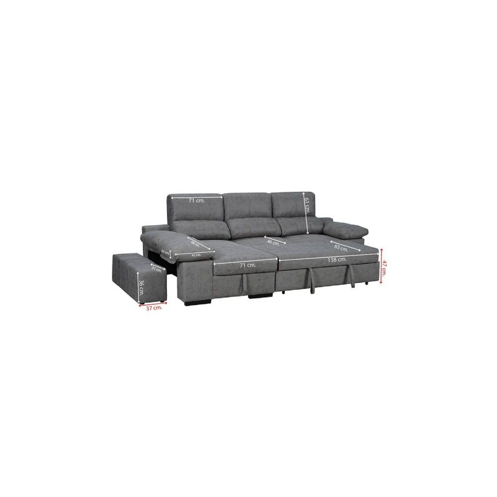 Sofá con Chaiselongue Reversible Color Cemento, Asientos Extensibles y Arcón, 291x160x104 cm, Tapizado en Tela